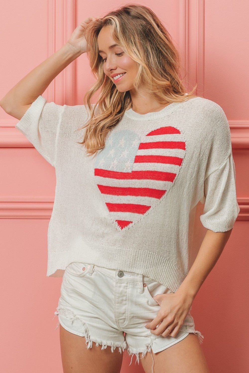 BiBi Striped Heart Contrast Knit Top - Runway Regalia