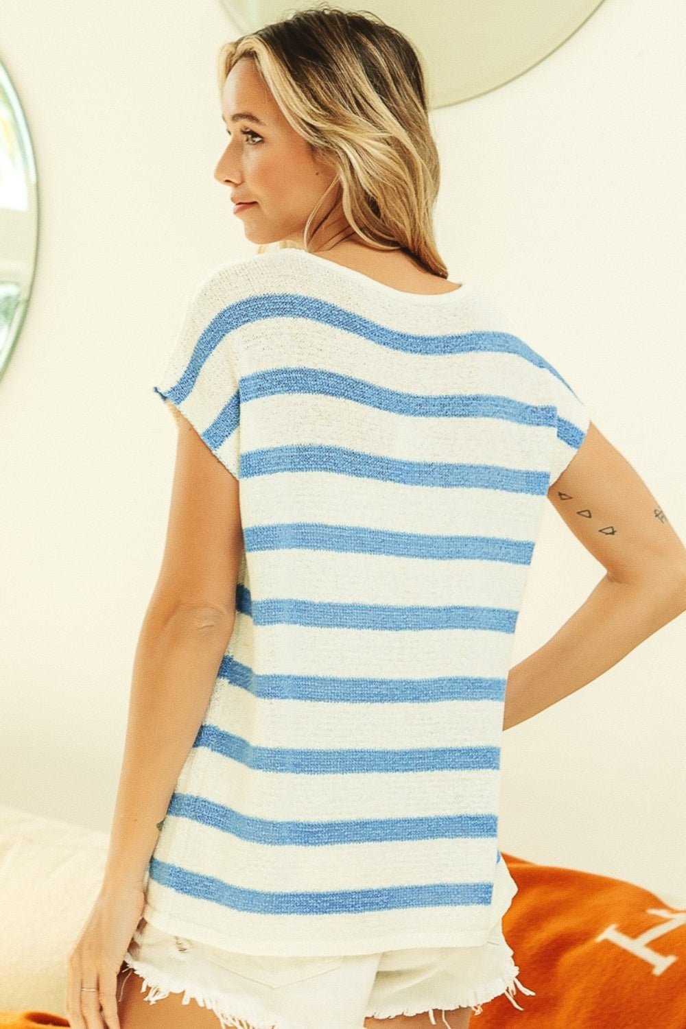 BiBi Striped Round Neck Short Sleeve Knit Top - Runway Regalia