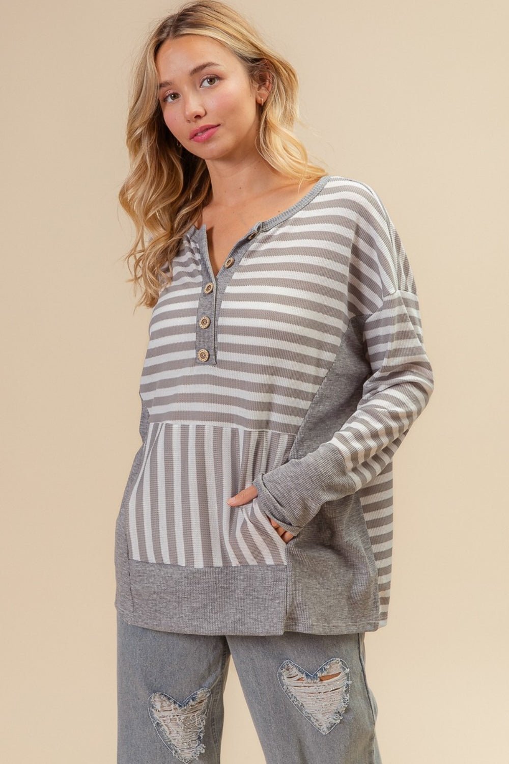 BiBi Striped Thumbhole Long Sleeve Top - Runway Regalia