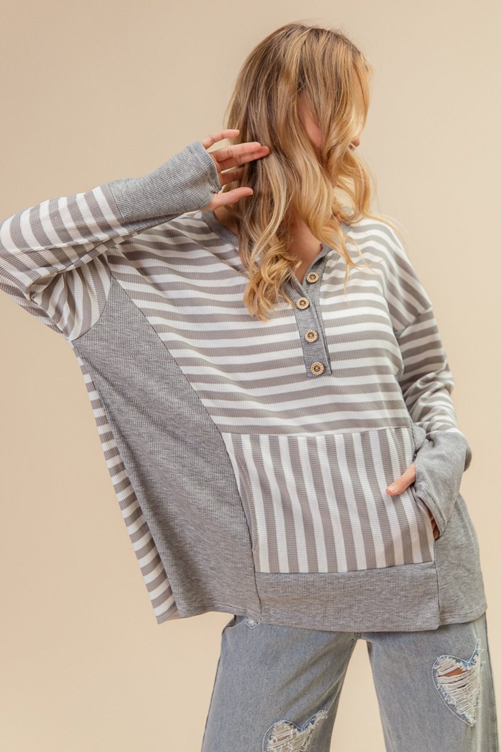 BiBi Striped Thumbhole Long Sleeve Top - Runway Regalia