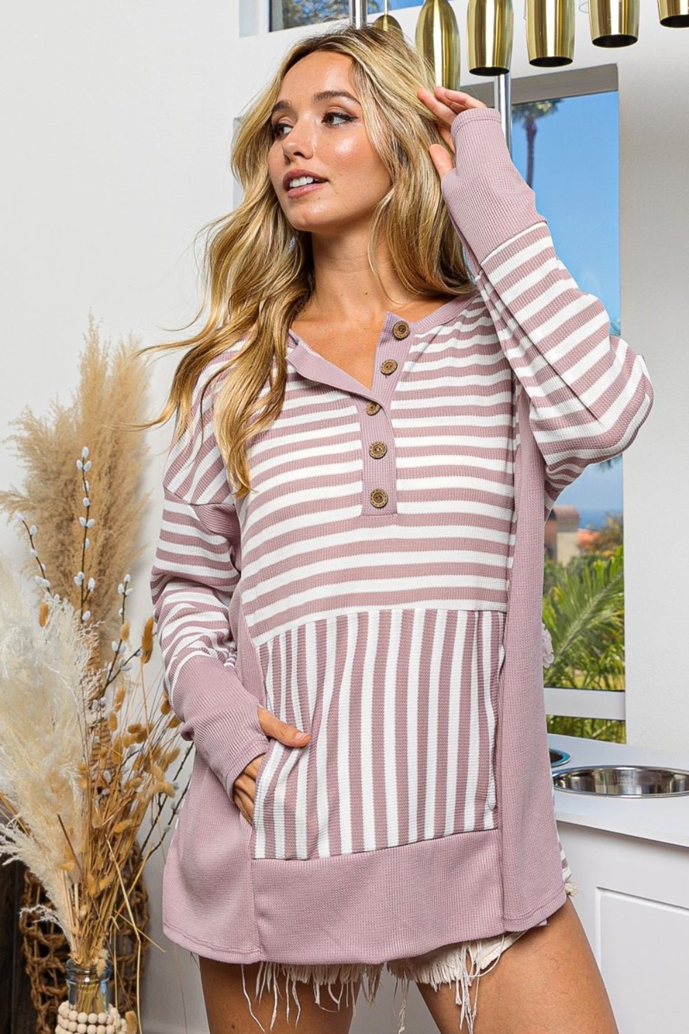 BiBi Striped Thumbhole Long Sleeve Top - Runway Regalia