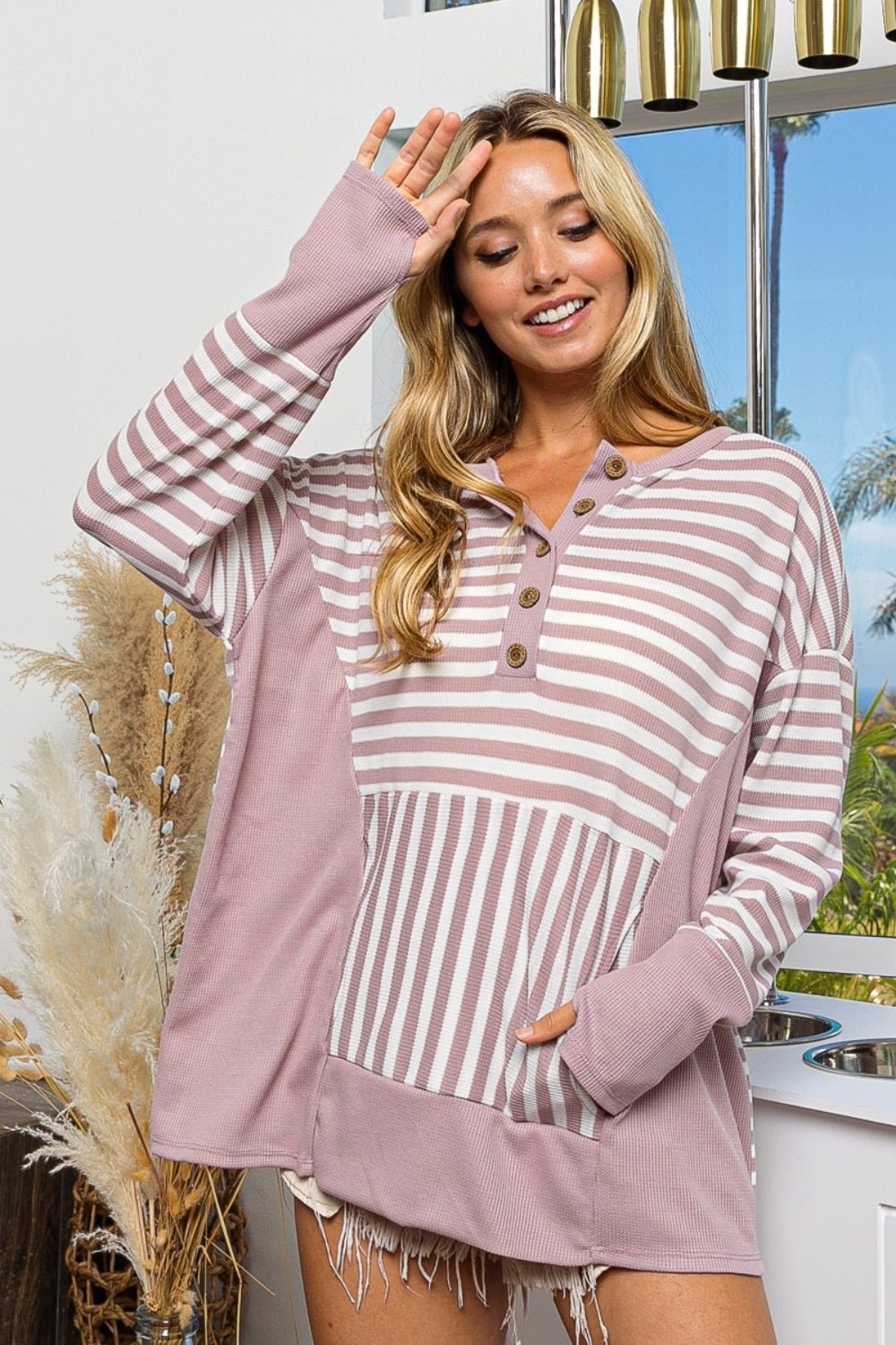 BiBi Striped Thumbhole Long Sleeve Top - Runway Regalia