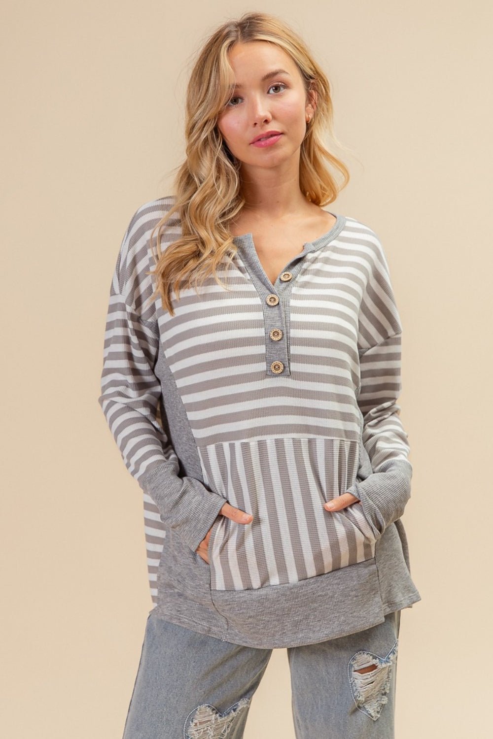 BiBi Striped Thumbhole Long Sleeve Top - Runway Regalia