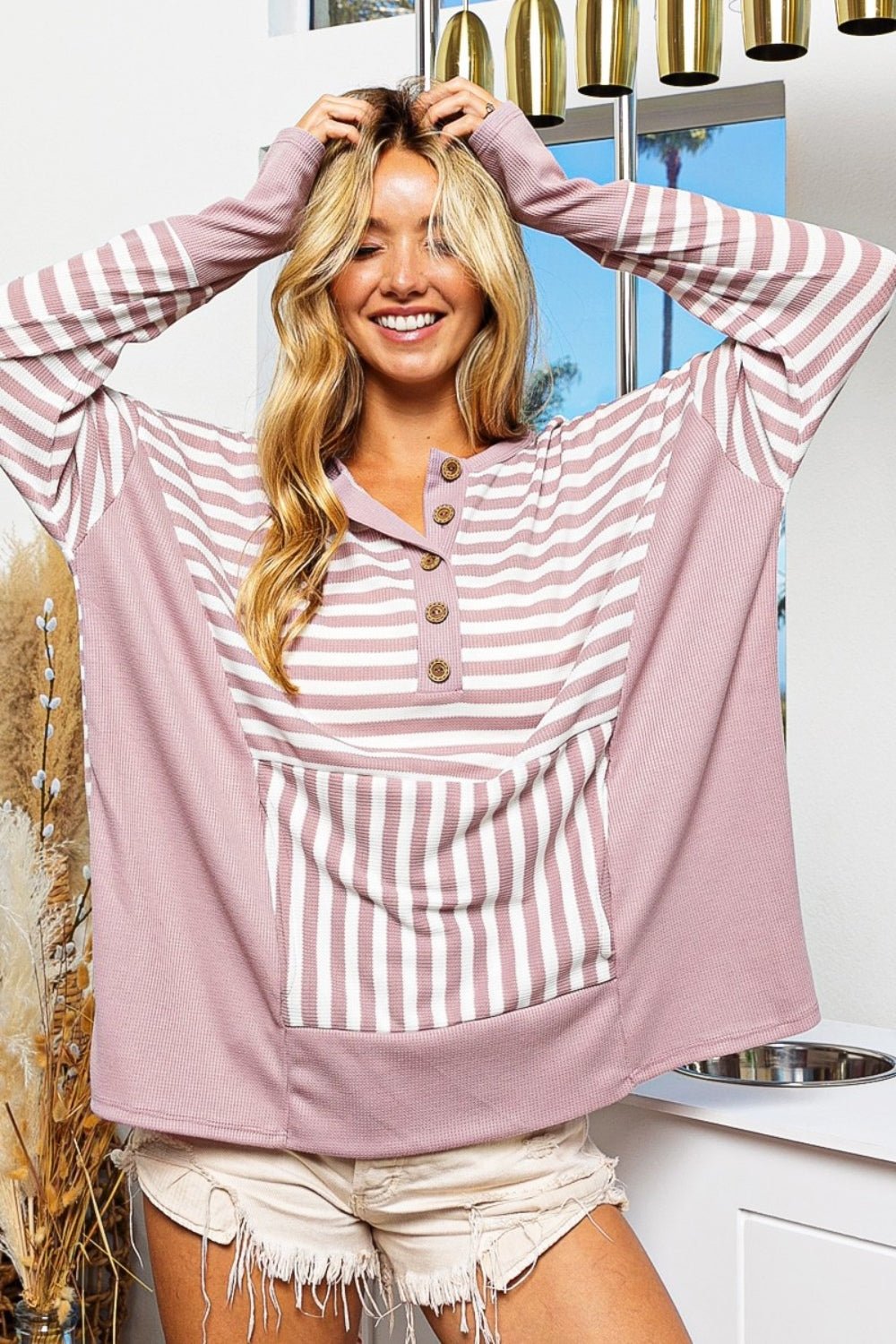 BiBi Striped Thumbhole Long Sleeve Top - Runway Regalia