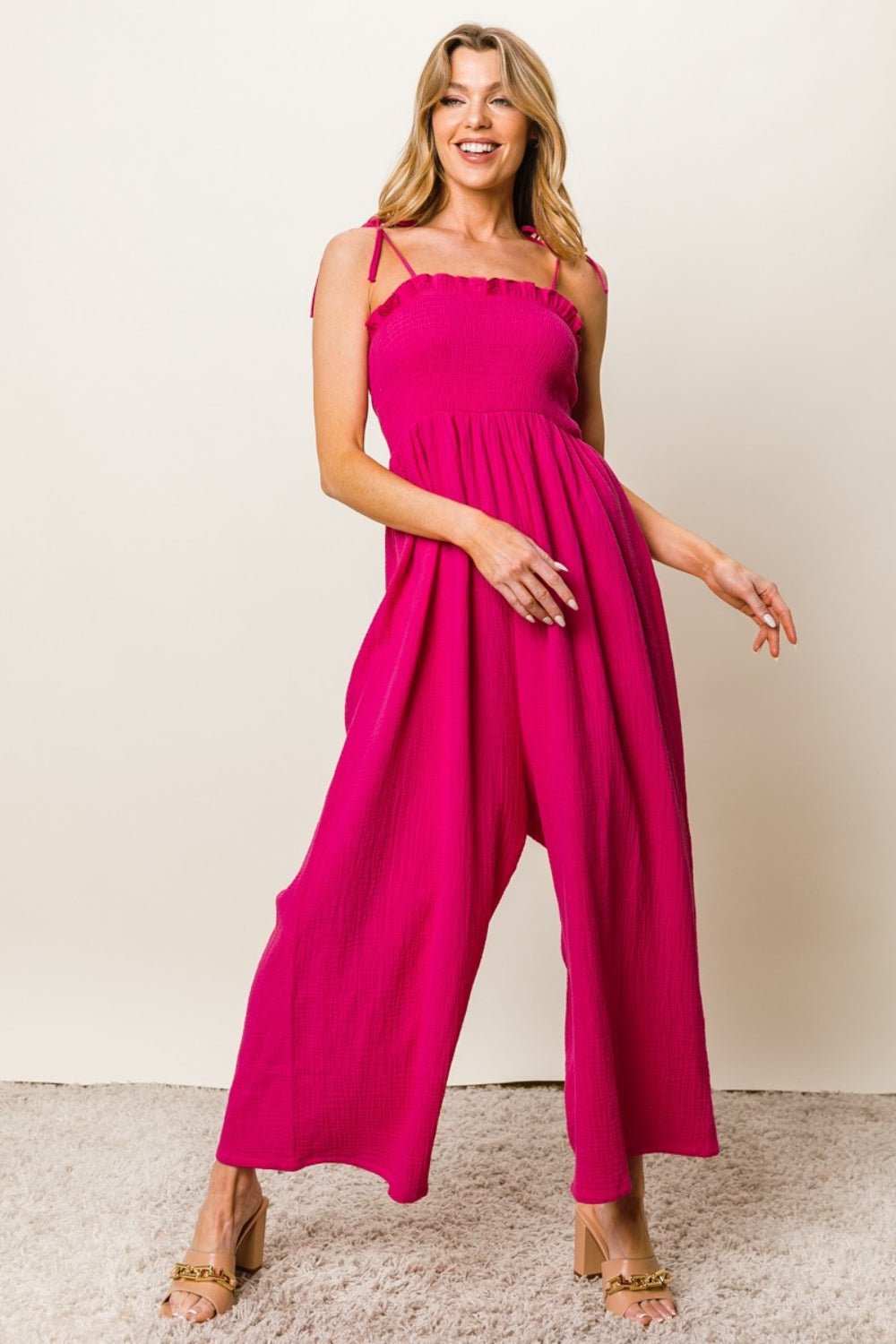 BiBi Texture Smocked Sleeveless Jumpsuit - Runway Regalia