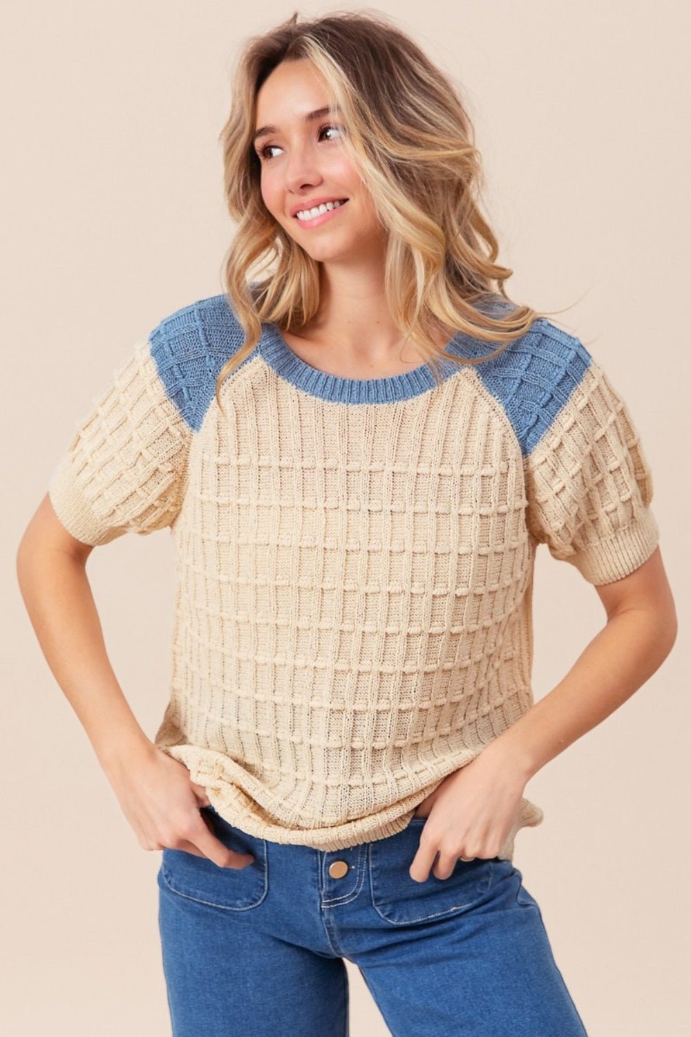 BiBi Textured Contrast Short Sleeve Sweater - Runway Regalia