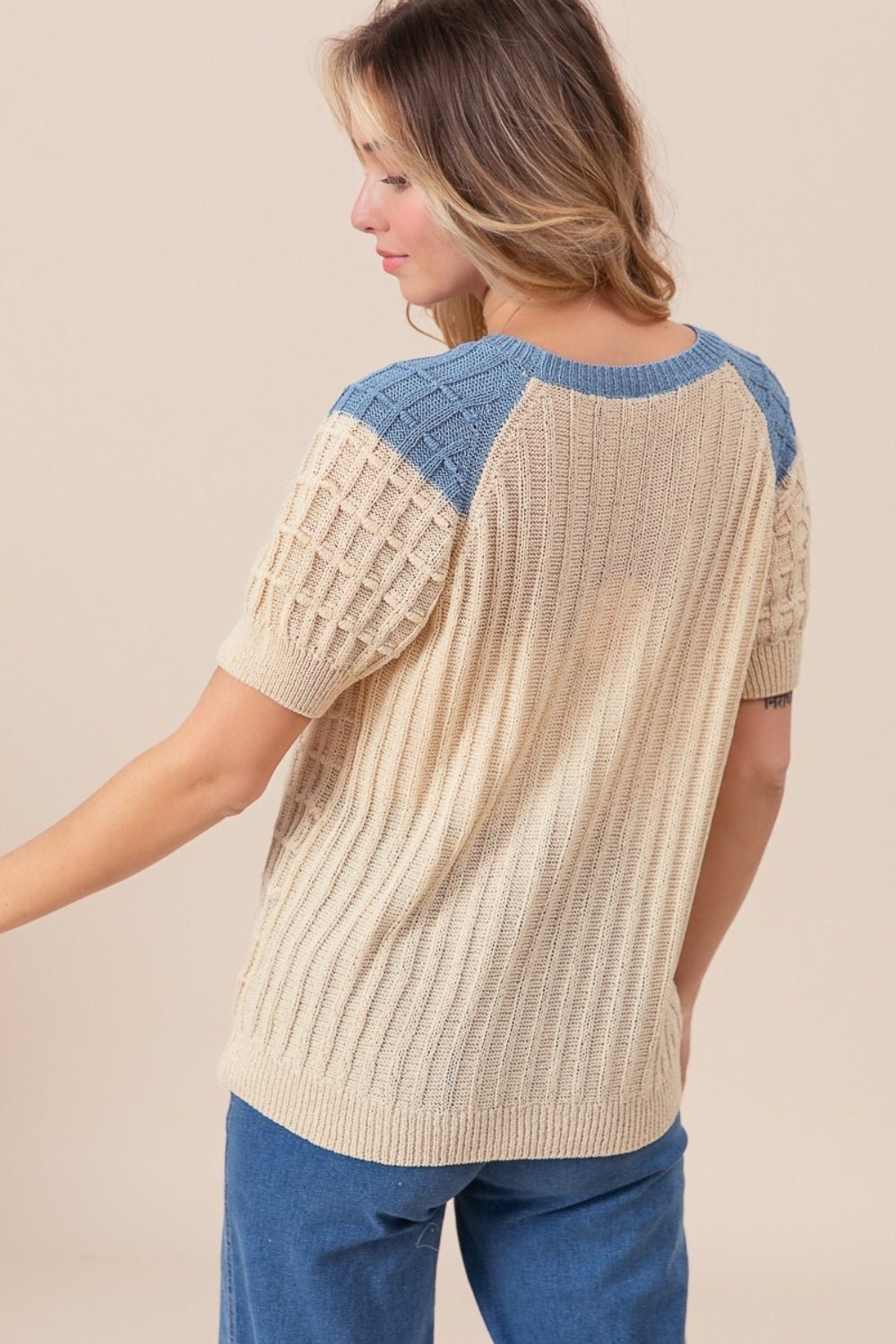 BiBi Textured Contrast Short Sleeve Sweater - Runway Regalia