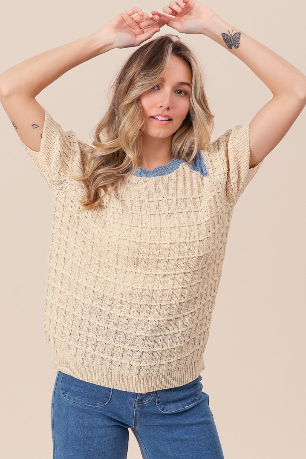 BiBi Textured Contrast Short Sleeve Sweater - Runway Regalia