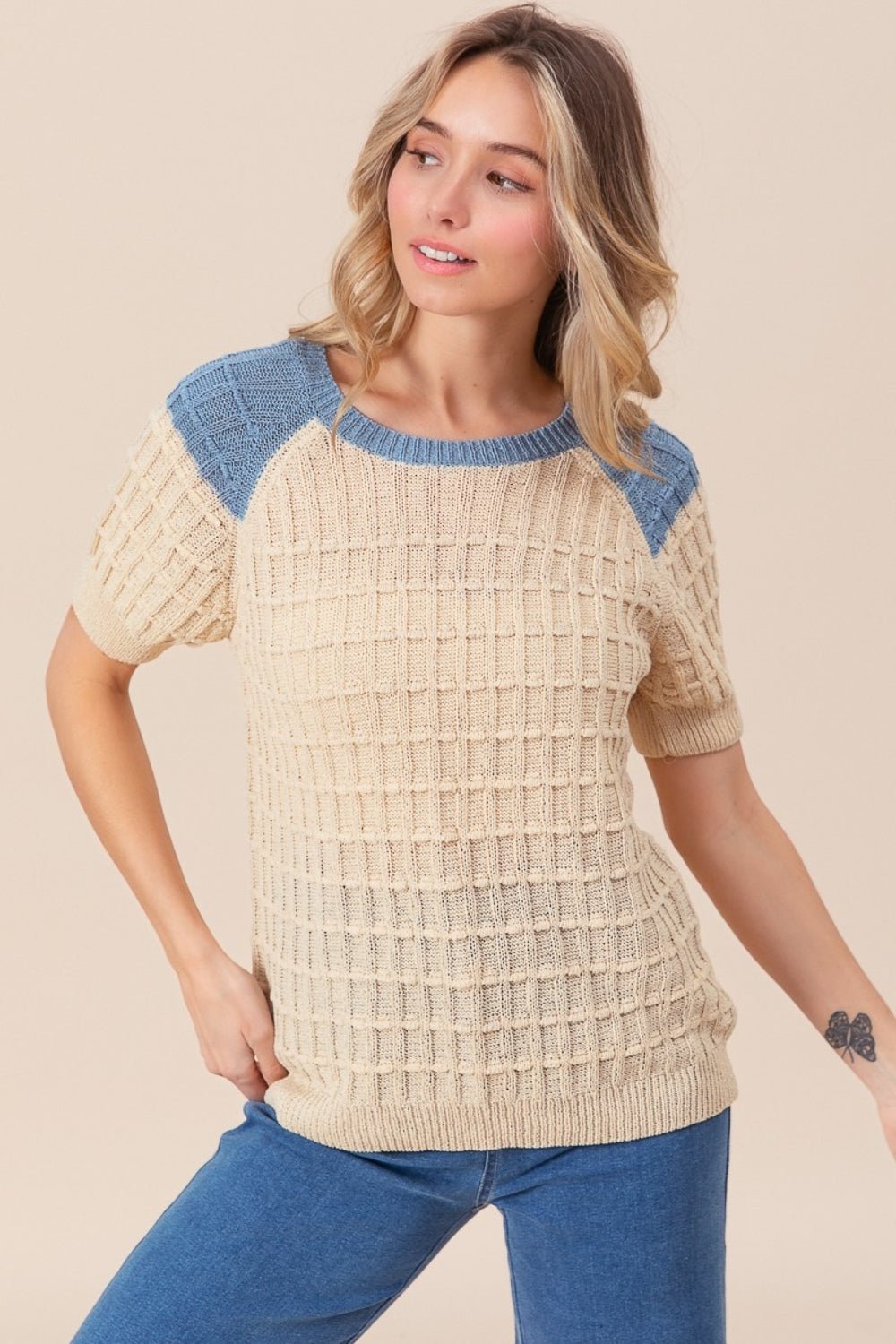 BiBi Textured Contrast Short Sleeve Sweater - Runway Regalia