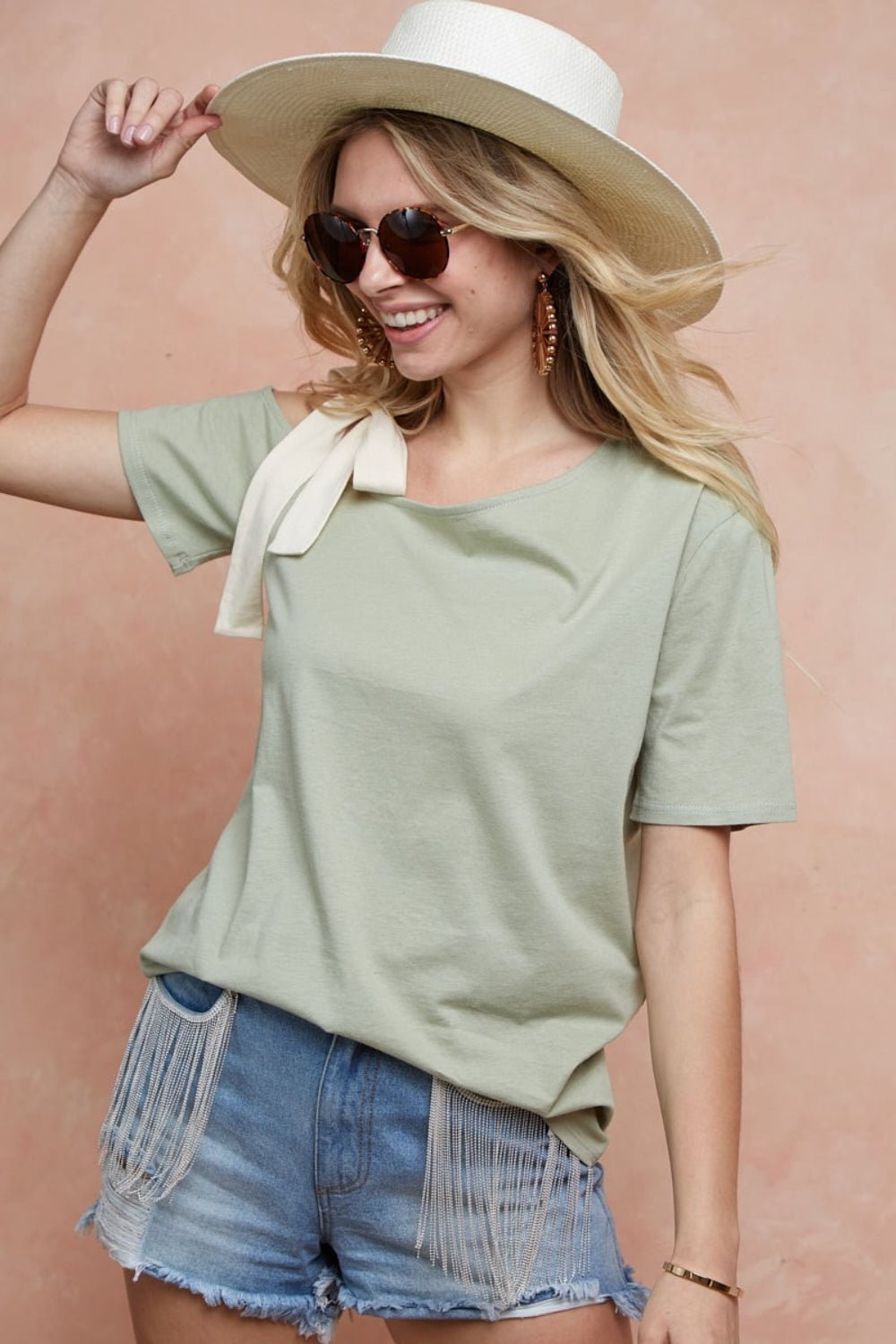 BiBi Tied Ribbon One Shoulder Short Sleeve T-Shirt - Runway Regalia