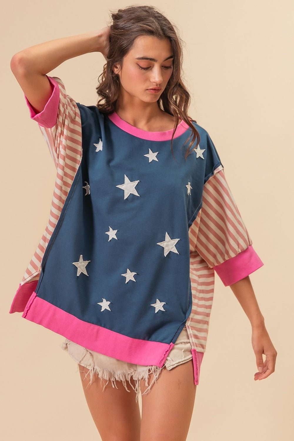 BiBi US Flag Theme Color Block Star Patch T-Shirt - Runway Regalia