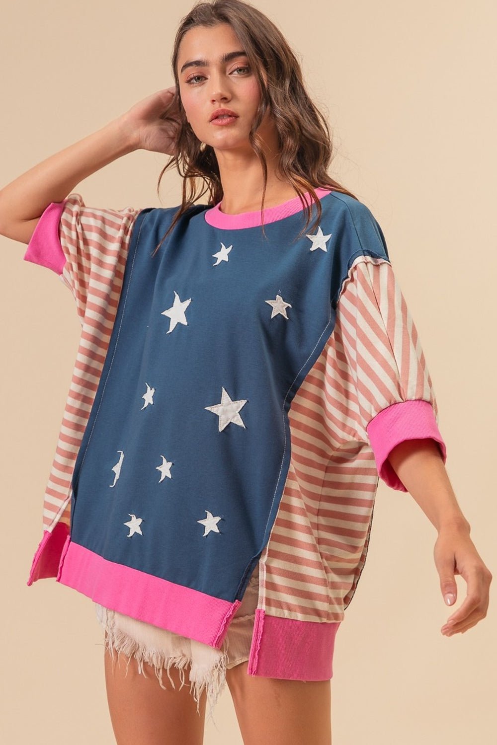 BiBi US Flag Theme Color Block Star Patch T-Shirt - Runway Regalia