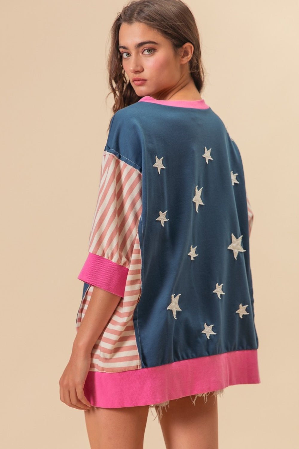 BiBi US Flag Theme Color Block Star Patch T-Shirt - Runway Regalia