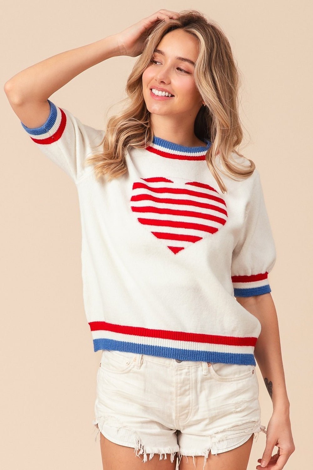 BiBi US Flag Theme Striped Heart Sweater - Runway Regalia