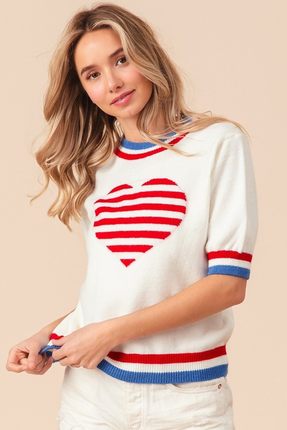 BiBi US Flag Theme Striped Heart Sweater - Runway Regalia