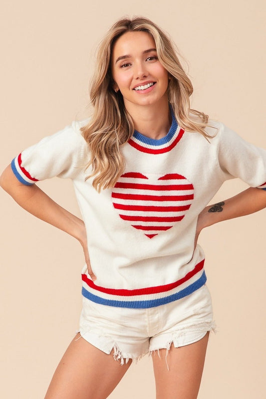 BiBi US Flag Theme Striped Heart Sweater - Runway Regalia