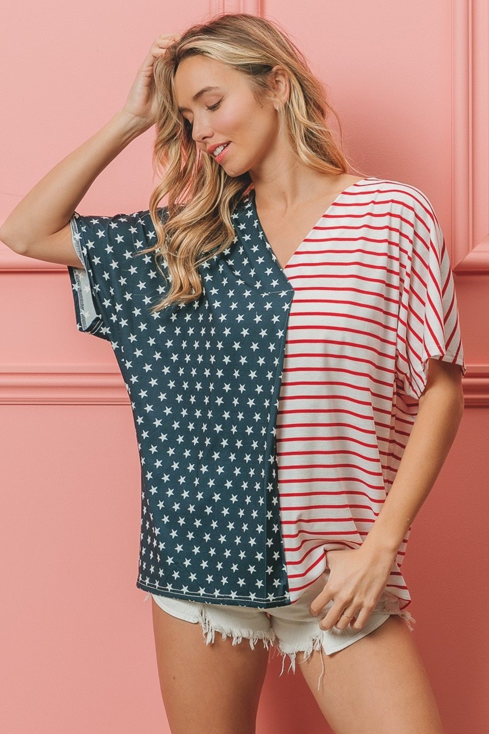 BiBi US Flag Themed Color Block Short Sleeve T-Shirt - Runway Regalia