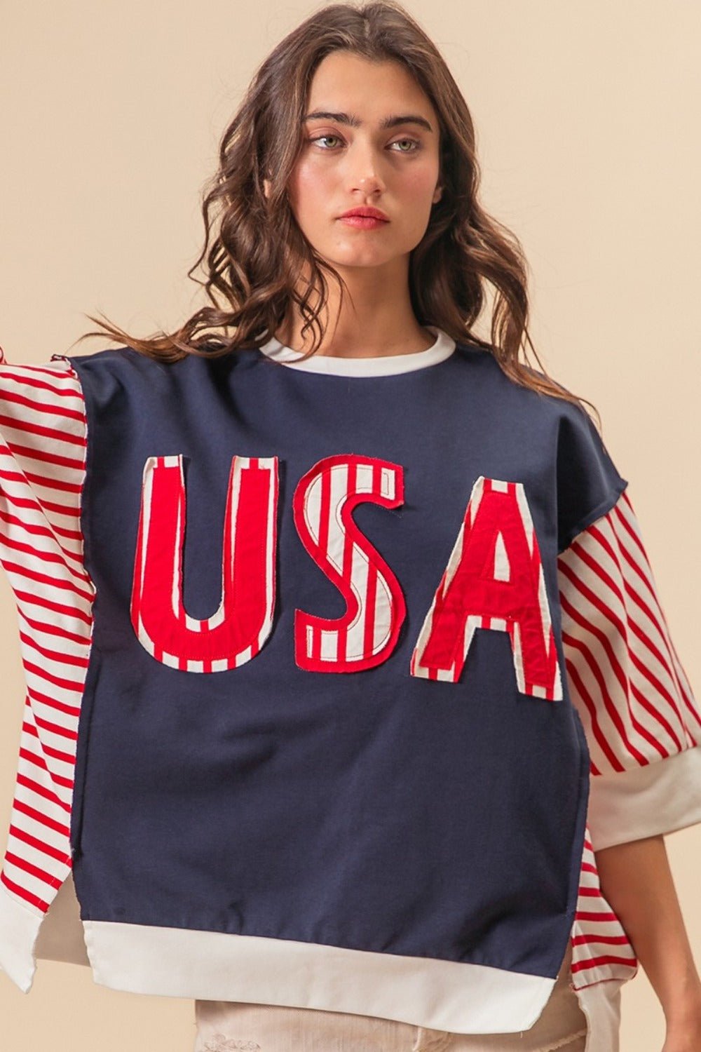 BiBi USA Letter Patchwork Contrast Short Sleeve T-Shirt - Runway Regalia