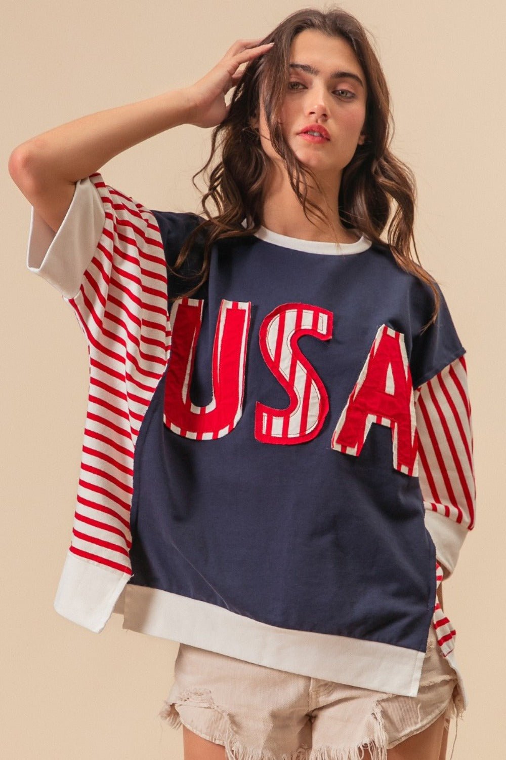 BiBi USA Letter Patchwork Contrast Short Sleeve T-Shirt - Runway Regalia