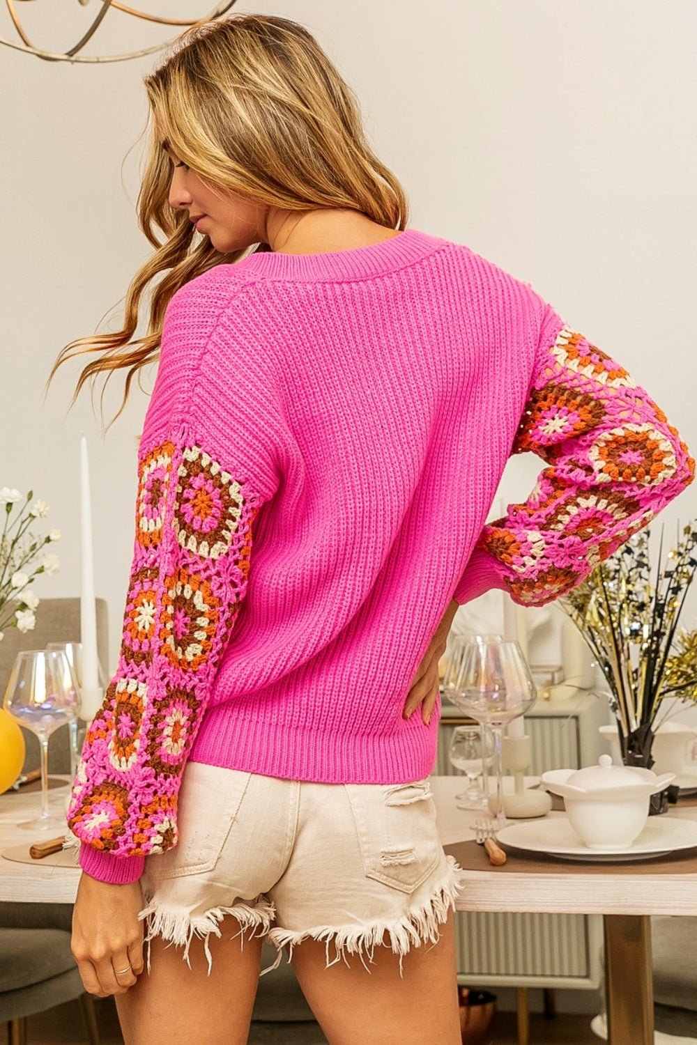 BiBi V - Neck Crochet Long Sleeve Sweater - Runway Regalia