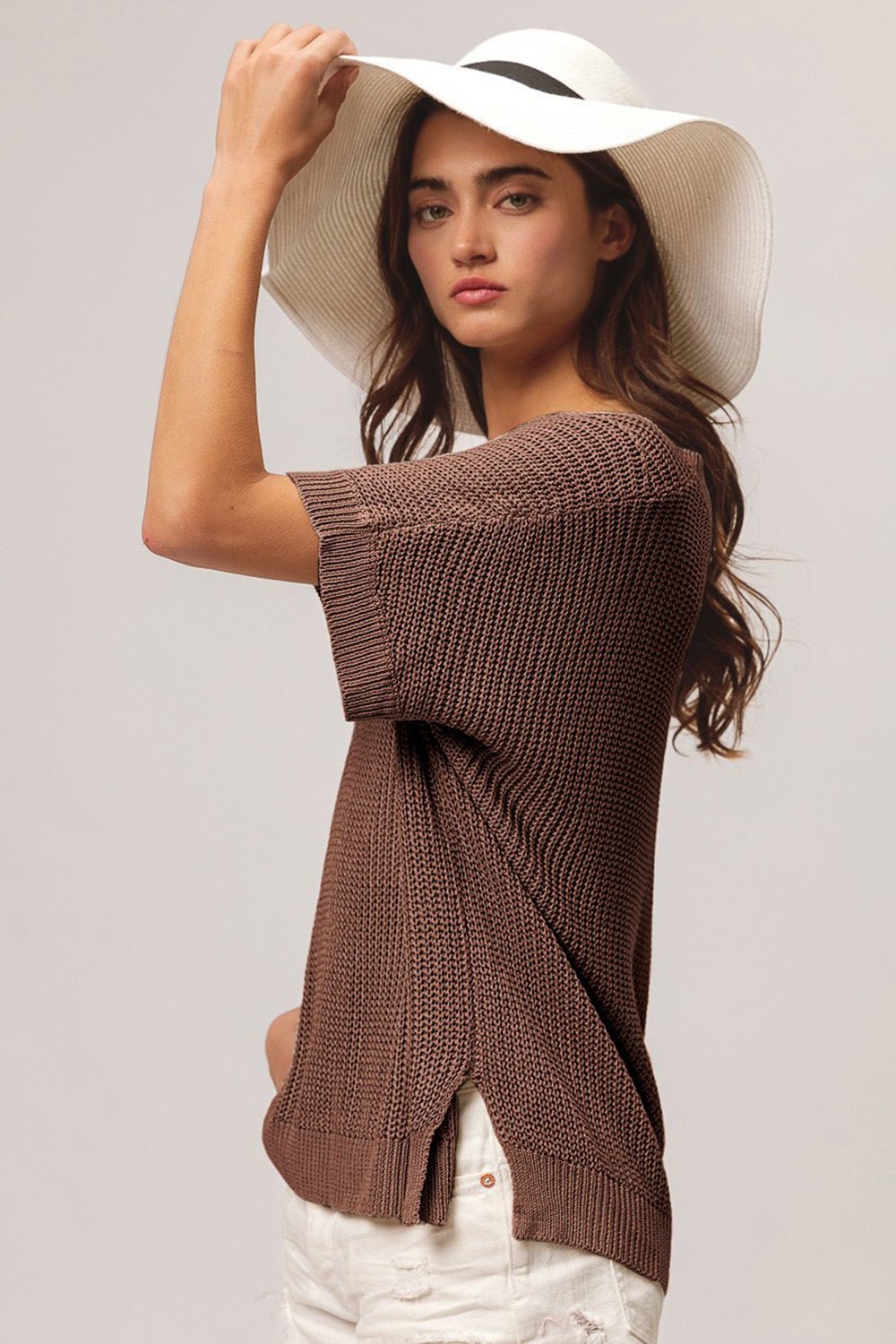 BiBi V - Neck Slit Short Sleeve Sweater - Runway Regalia