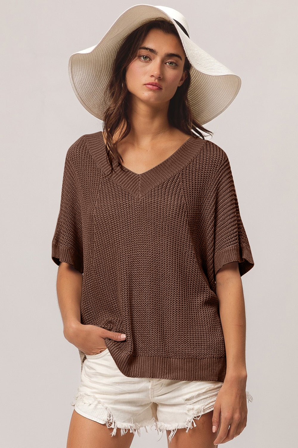 BiBi V - Neck Slit Short Sleeve Sweater - Runway Regalia