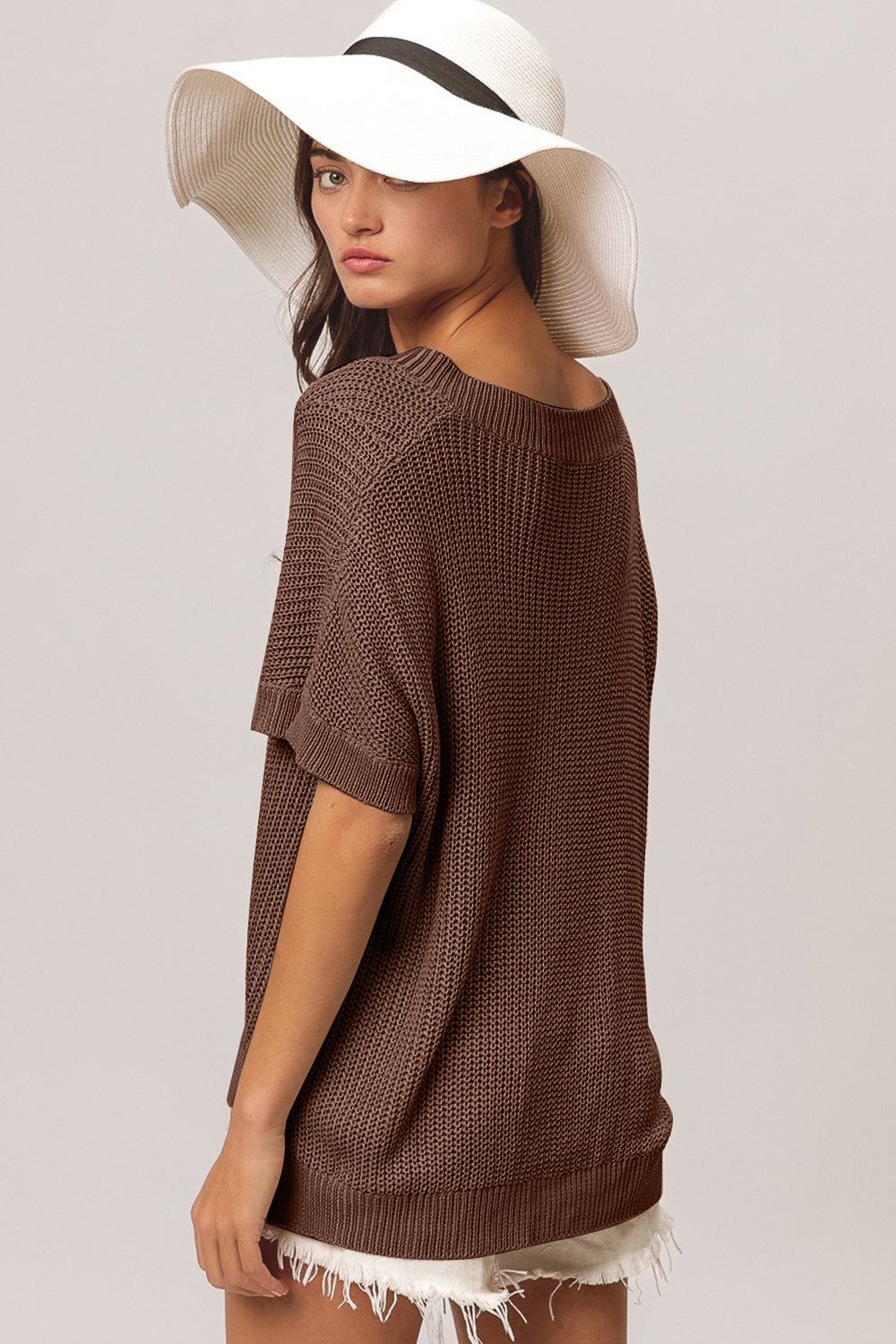 BiBi V - Neck Slit Short Sleeve Sweater - Runway Regalia