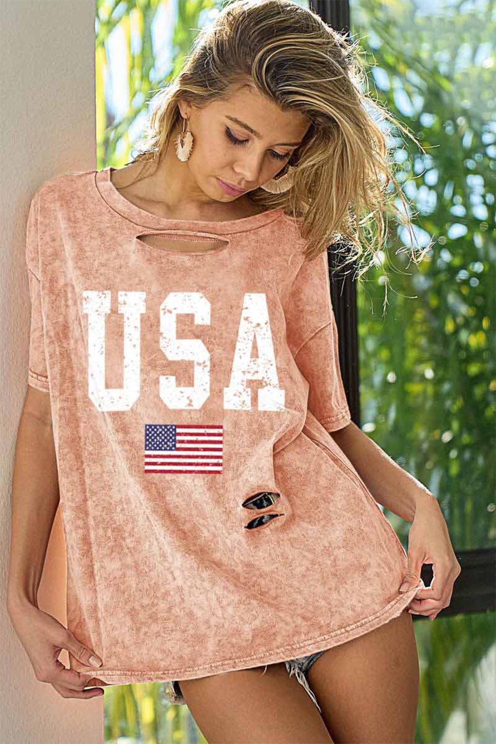 BiBi Washed American Flag Graphic Distressed T-Shirt - Runway Regalia