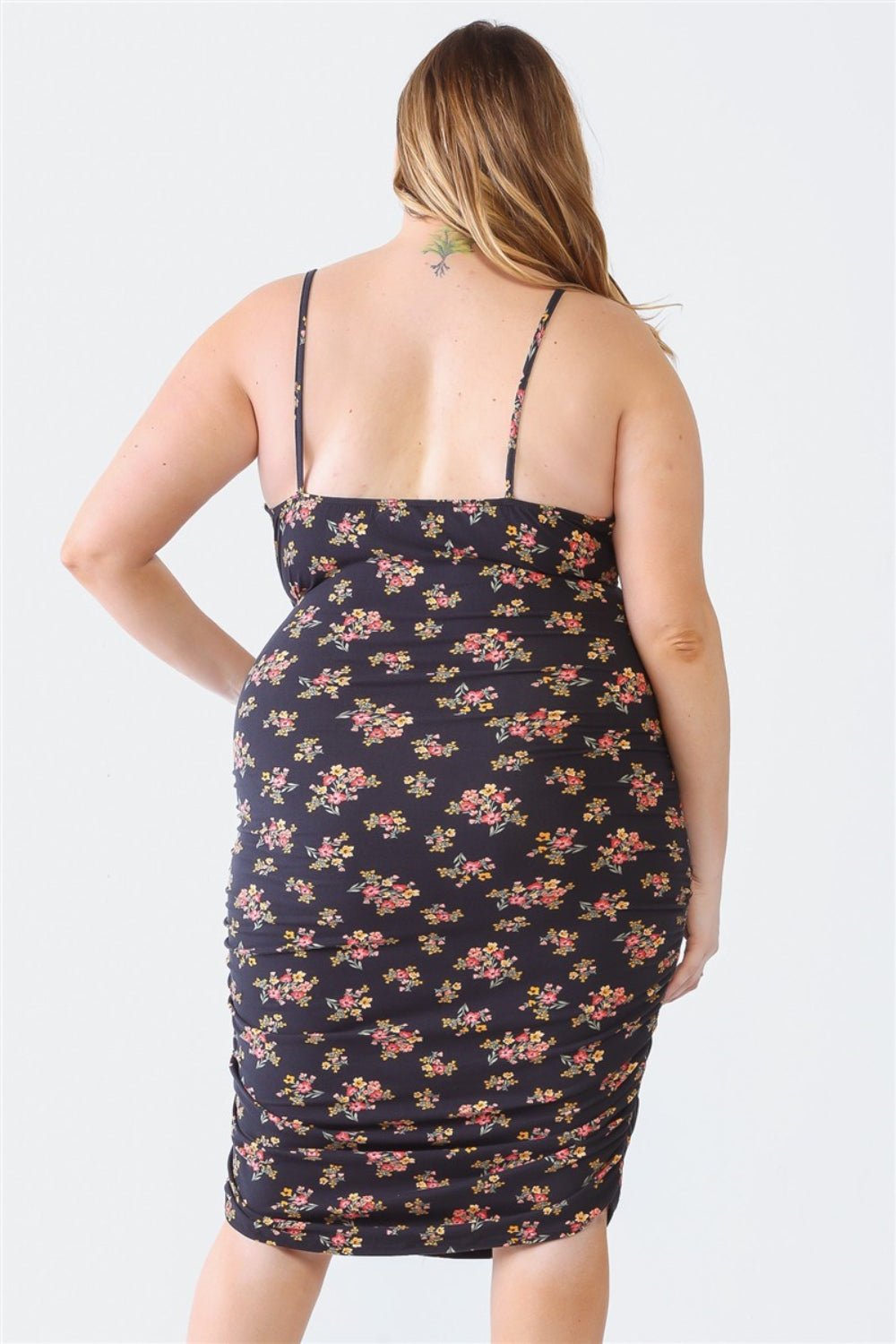 Blue Leopard Plus Size Ruched Floral Square Neck Cami Dress - Runway Regalia