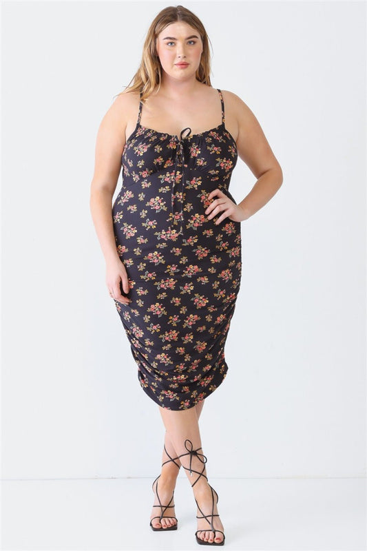 Blue Leopard Plus Size Ruched Floral Square Neck Cami Dress - Runway Regalia