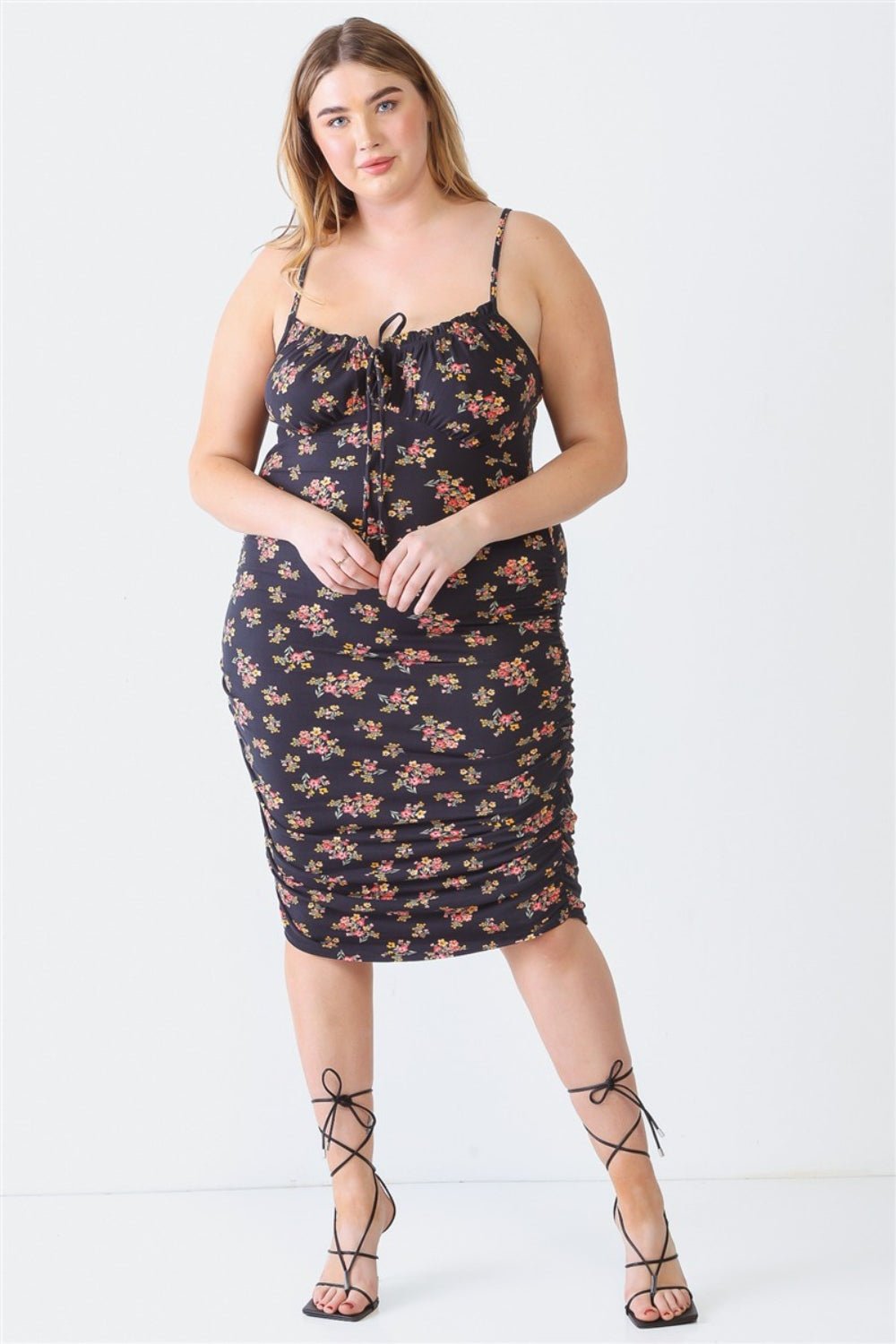 Blue Leopard Plus Size Ruched Floral Square Neck Cami Dress - Runway Regalia