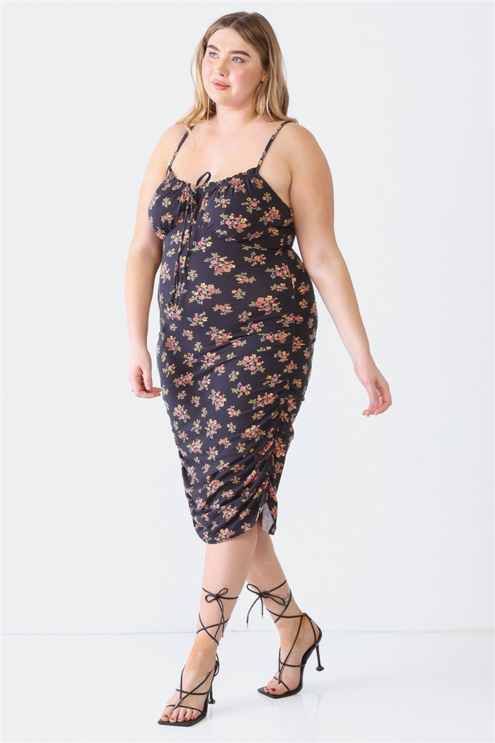 Blue Leopard Plus Size Ruched Floral Square Neck Cami Dress - Runway Regalia