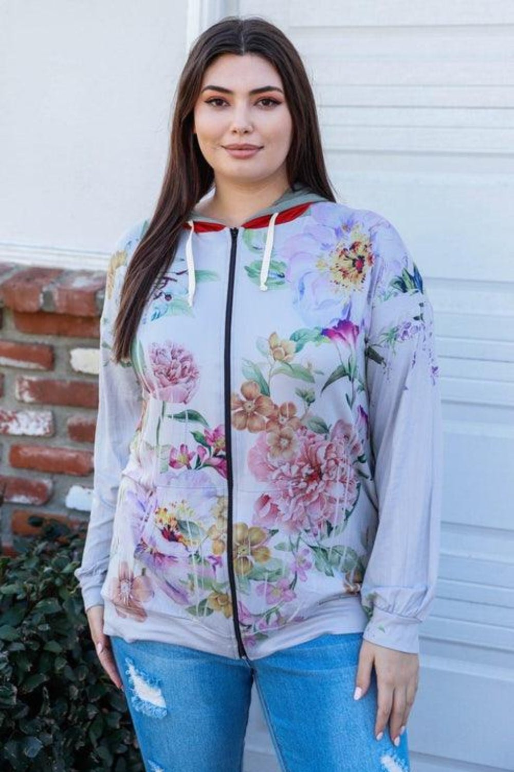 Blumin Apparel Full Size Floral Zip Up Hoodie - Runway Regalia