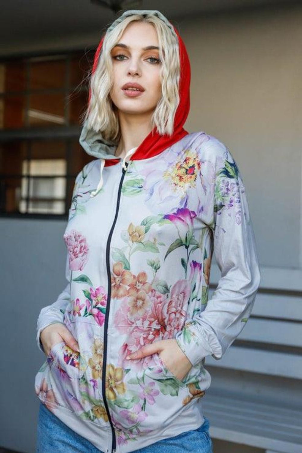 Blumin Apparel Full Size Floral Zip Up Hoodie - Runway Regalia