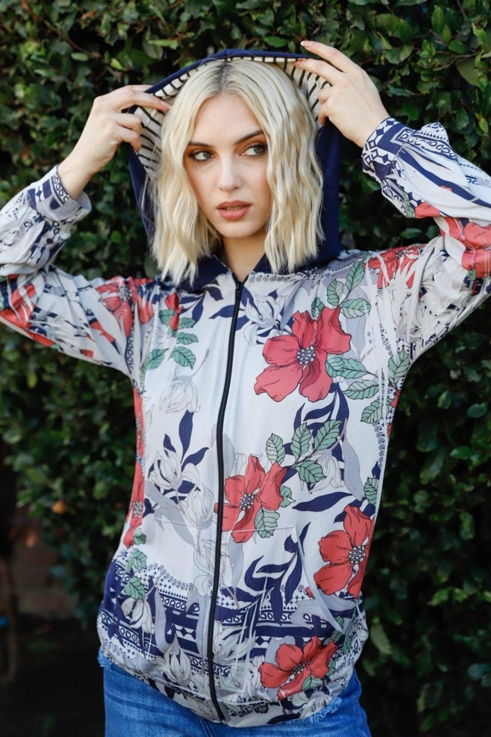 Blumin Apparel Full Size Floral Zip Up Hoodie - Runway Regalia