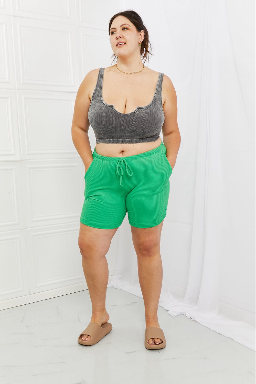 Blumin Apparel Too Good Full Size Ribbed Shorts in Green - Runway Regalia