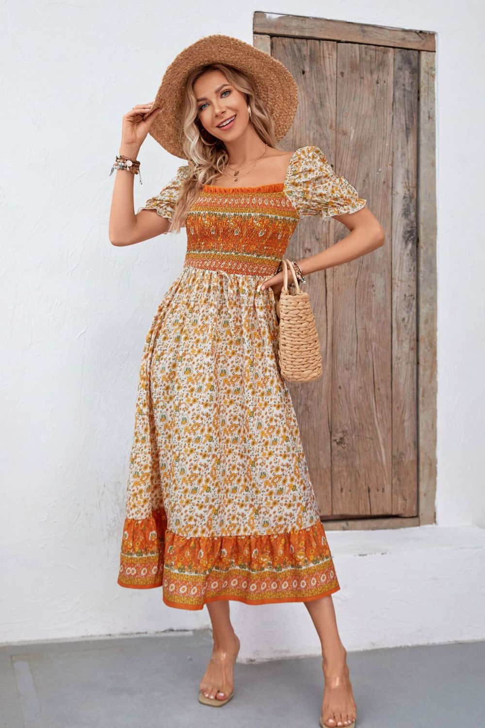 Bohemian Square Neck Puff Sleeve Dress - Runway Regalia