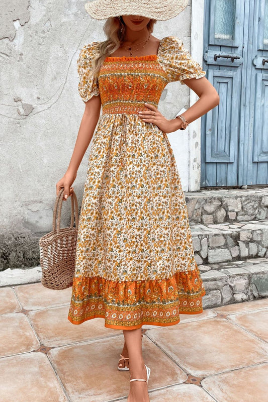 Bohemian Square Neck Puff Sleeve Dress - Runway Regalia