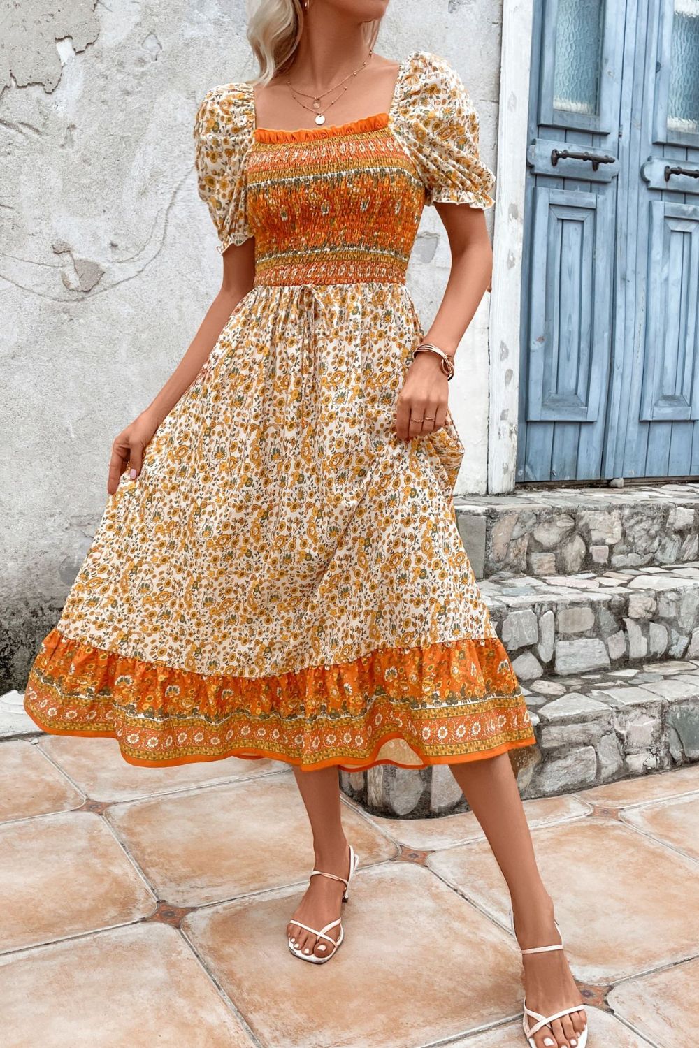 Bohemian Square Neck Puff Sleeve Dress - Runway Regalia