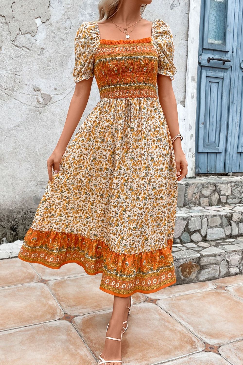 Bohemian Square Neck Puff Sleeve Dress - Runway Regalia