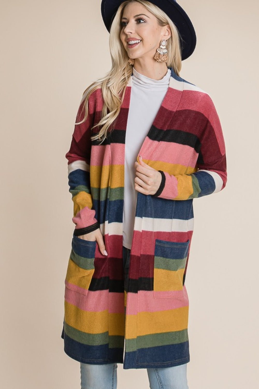 BOMBOM Color Block Striped Open Front Cardigan - Runway Regalia