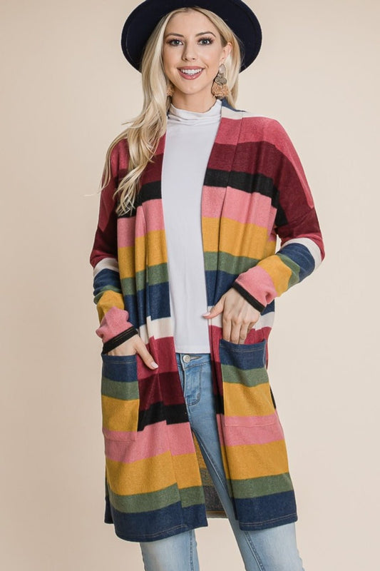 BOMBOM Color Block Striped Open Front Cardigan - Runway Regalia