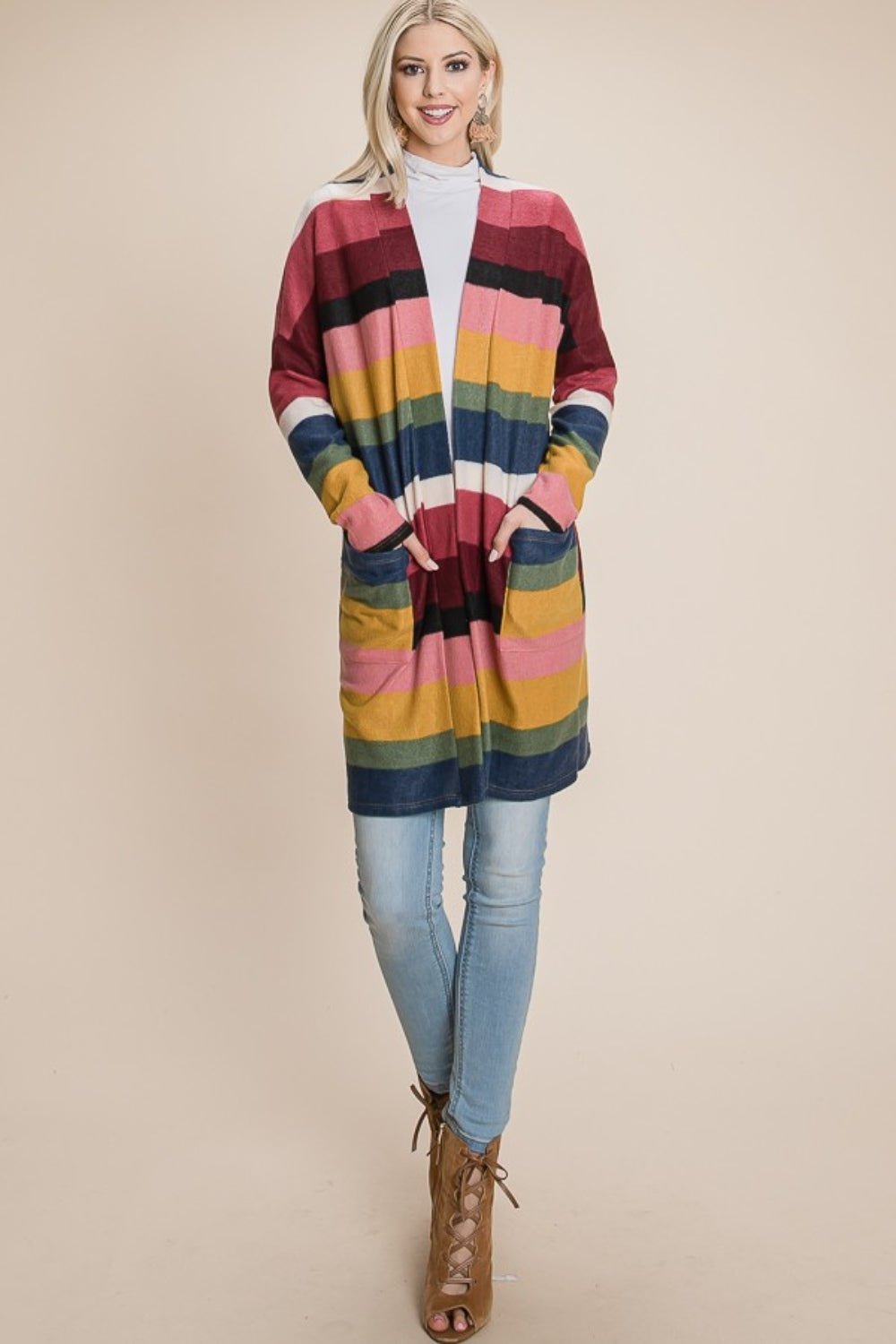 BOMBOM Color Block Striped Open Front Cardigan - Runway Regalia