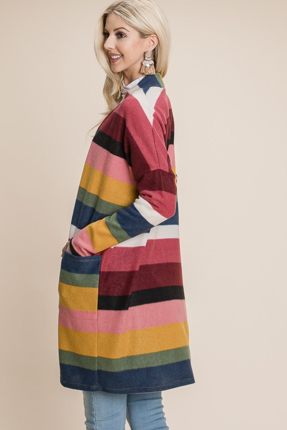 BOMBOM Color Block Striped Open Front Cardigan - Runway Regalia