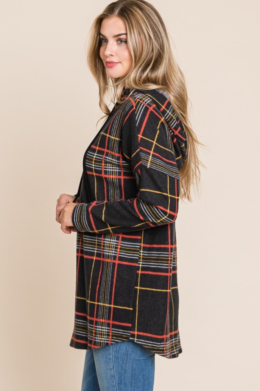 BOMBOM Drawstring Plaid Long Sleeve Hoodie - Runway Regalia