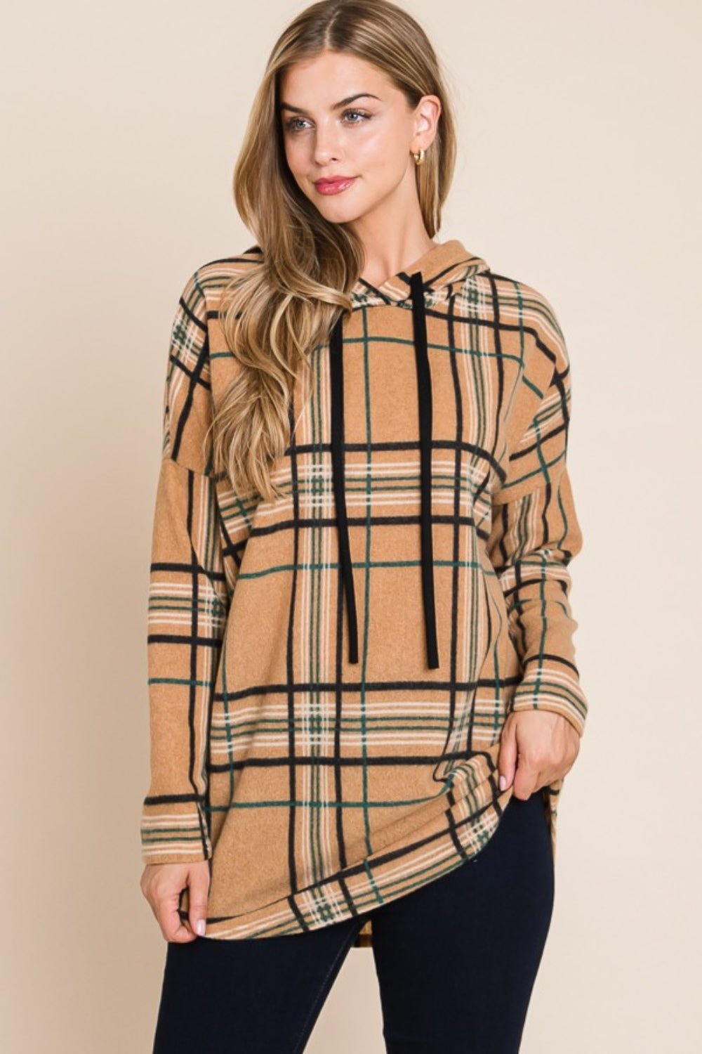 BOMBOM Drawstring Plaid Long Sleeve Hoodie - Runway Regalia