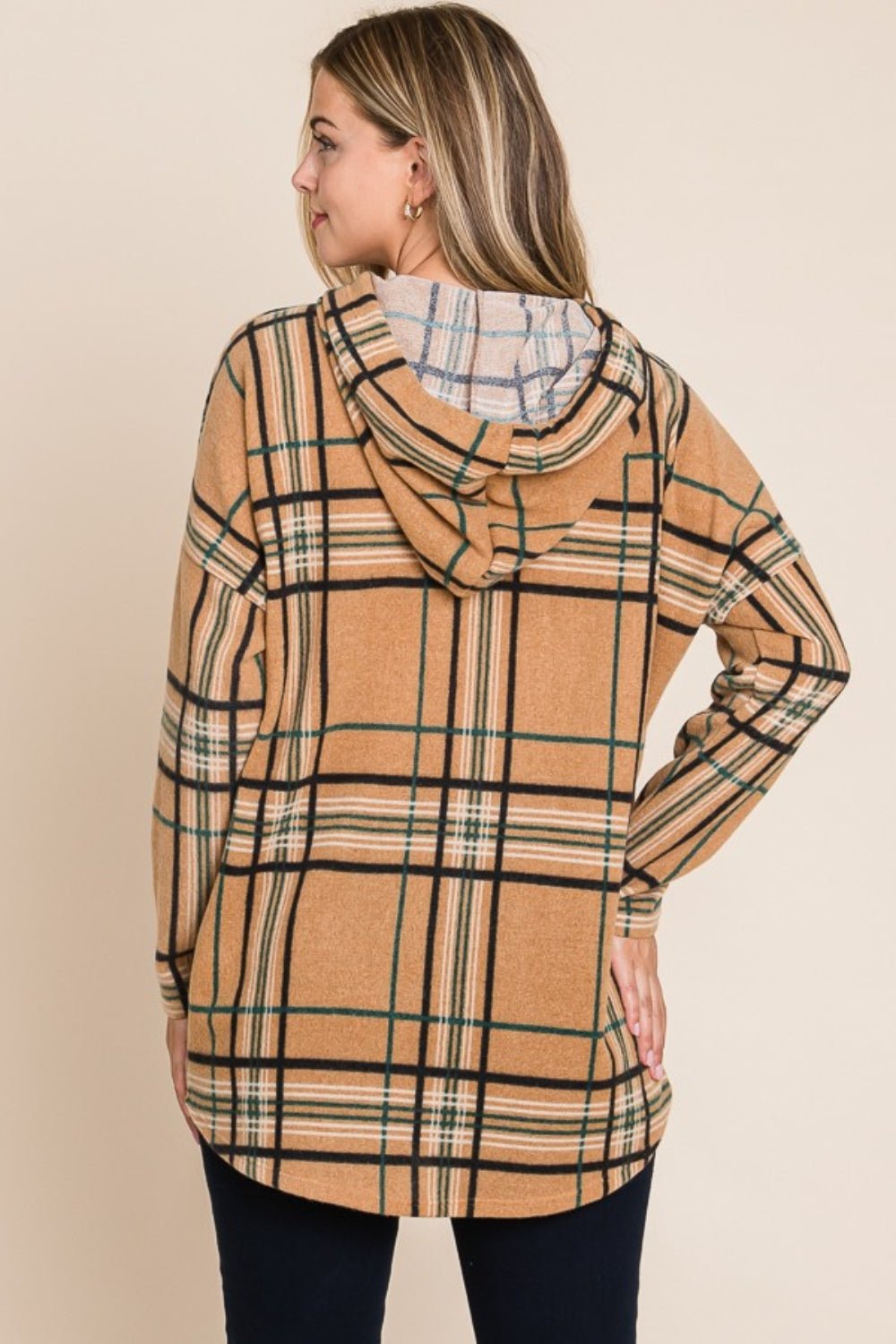 BOMBOM Drawstring Plaid Long Sleeve Hoodie - Runway Regalia