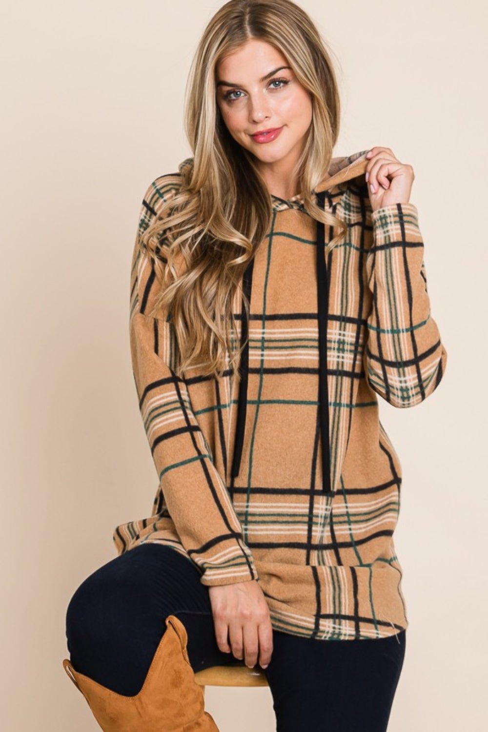 BOMBOM Drawstring Plaid Long Sleeve Hoodie - Runway Regalia