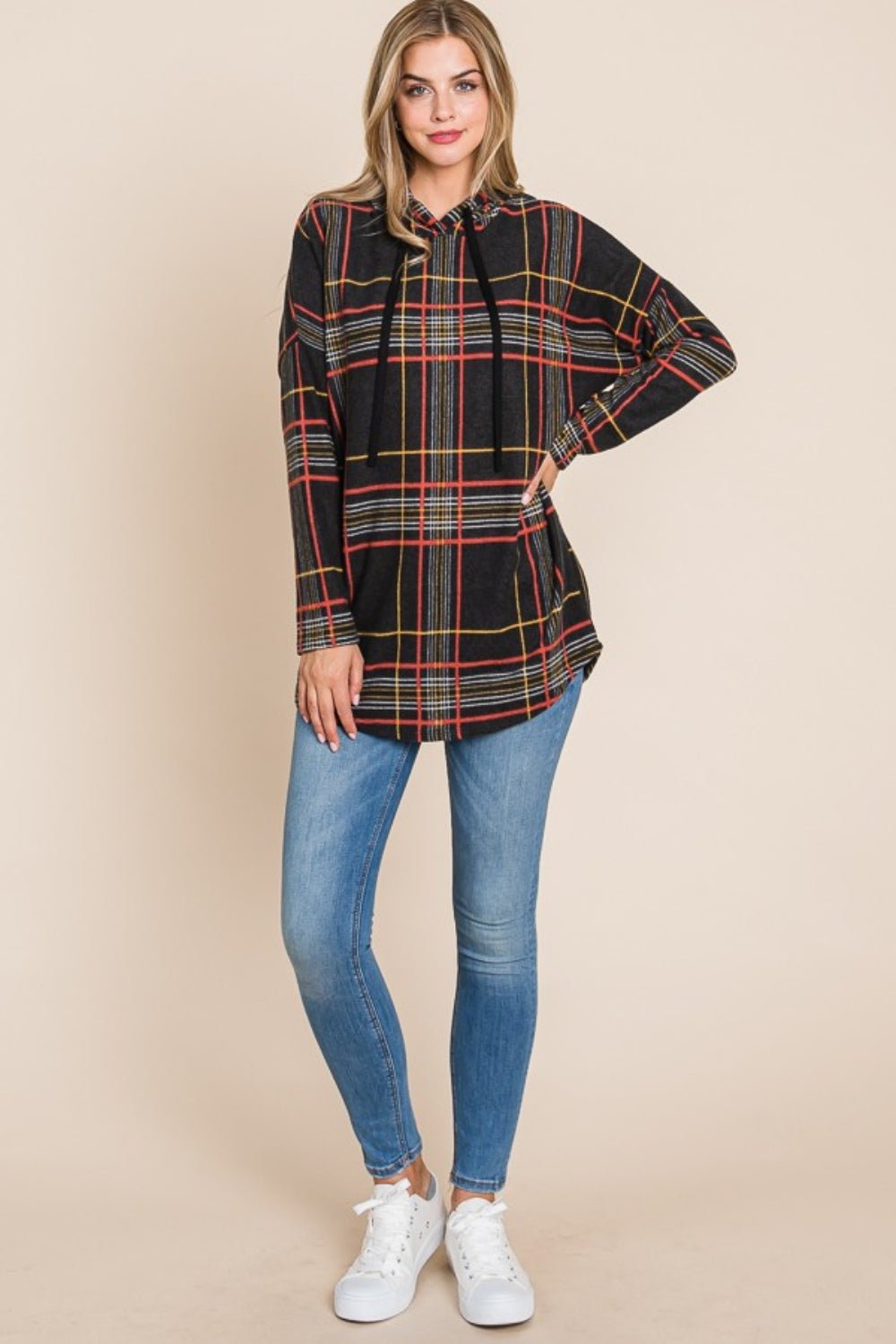 BOMBOM Drawstring Plaid Long Sleeve Hoodie - Runway Regalia