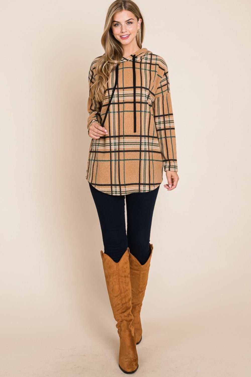 BOMBOM Drawstring Plaid Long Sleeve Hoodie - Runway Regalia